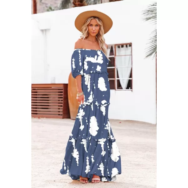 YESNO Womens Summer Casual Off Shoulder Maxi Dress Puff Short Sleeve Bohemian Floral Long Swing Dress E06E06 as Picture147