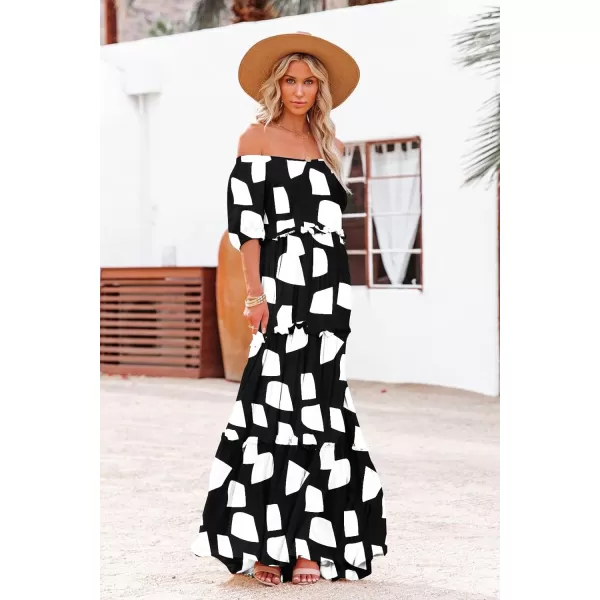 YESNO Womens Summer Casual Off Shoulder Maxi Dress Puff Short Sleeve Bohemian Floral Long Swing Dress E06E06 as Picture162