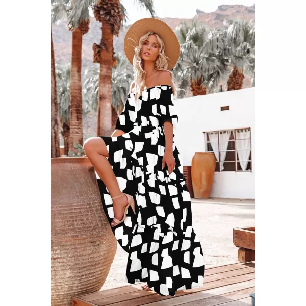 YESNO Womens Summer Casual Off Shoulder Maxi Dress Puff Short Sleeve Bohemian Floral Long Swing Dress E06E06 as Picture162