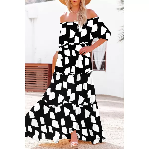 YESNO Womens Summer Casual Off Shoulder Maxi Dress Puff Short Sleeve Bohemian Floral Long Swing Dress E06E06 as Picture162