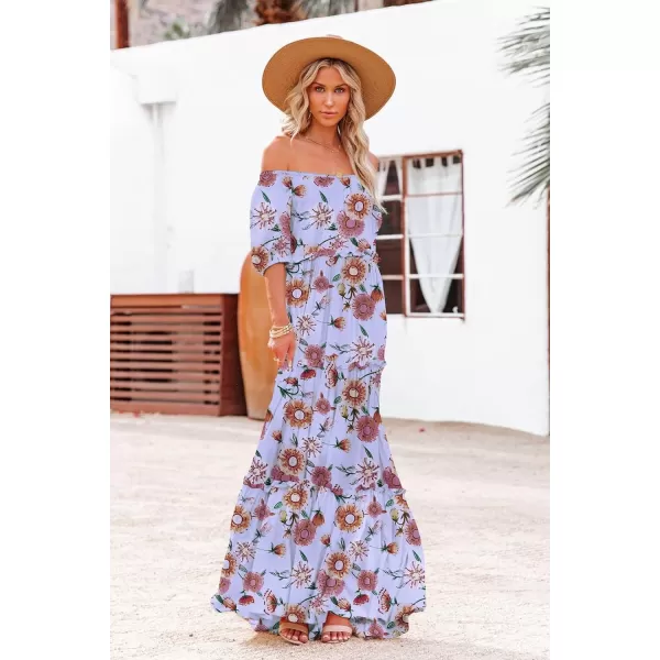 YESNO Womens Summer Casual Off Shoulder Maxi Dress Puff Short Sleeve Bohemian Floral Long Swing Dress E06E06 as Picture311