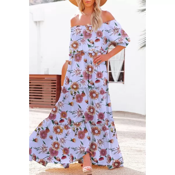 YESNO Womens Summer Casual Off Shoulder Maxi Dress Puff Short Sleeve Bohemian Floral Long Swing Dress E06E06 as Picture311