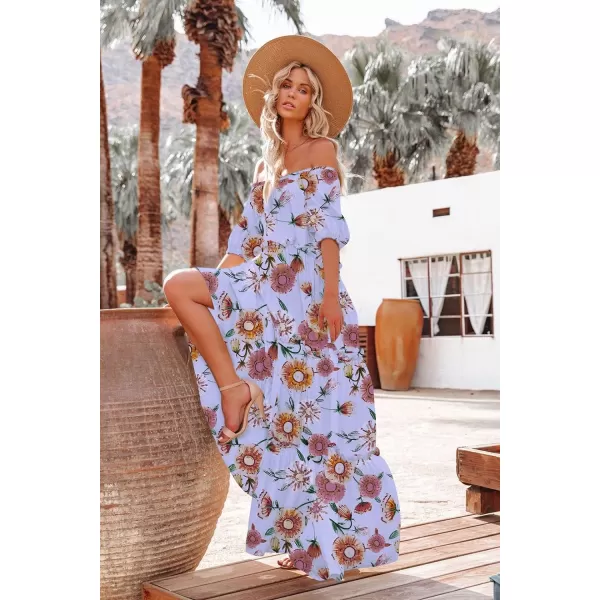 YESNO Womens Summer Casual Off Shoulder Maxi Dress Puff Short Sleeve Bohemian Floral Long Swing Dress E06E06 as Picture311