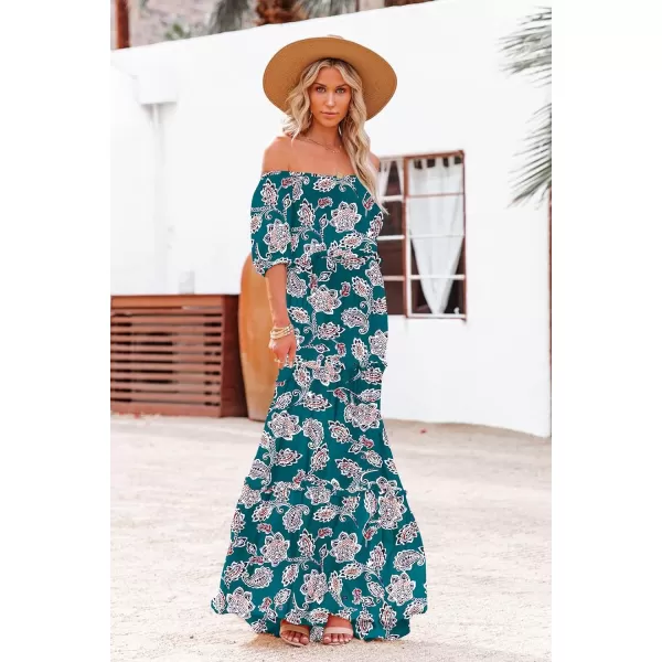 YESNO Womens Summer Casual Off Shoulder Maxi Dress Puff Short Sleeve Bohemian Floral Long Swing Dress E06E06 as Picture336