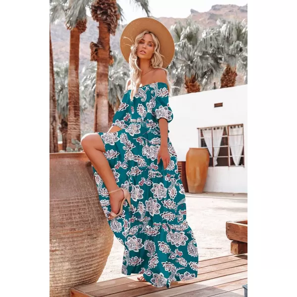 YESNO Womens Summer Casual Off Shoulder Maxi Dress Puff Short Sleeve Bohemian Floral Long Swing Dress E06E06 as Picture336