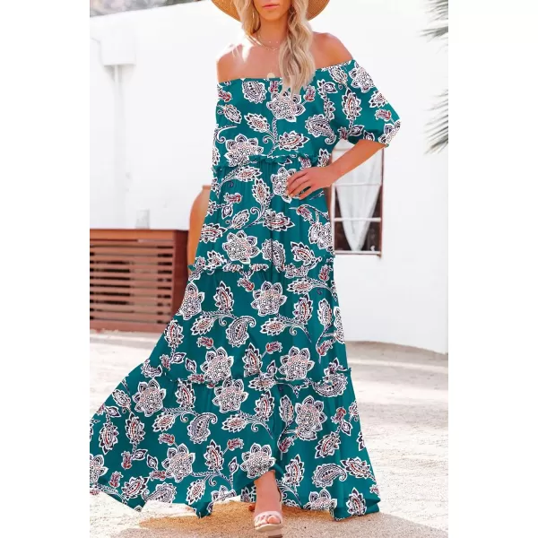 YESNO Womens Summer Casual Off Shoulder Maxi Dress Puff Short Sleeve Bohemian Floral Long Swing Dress E06E06 as Picture336