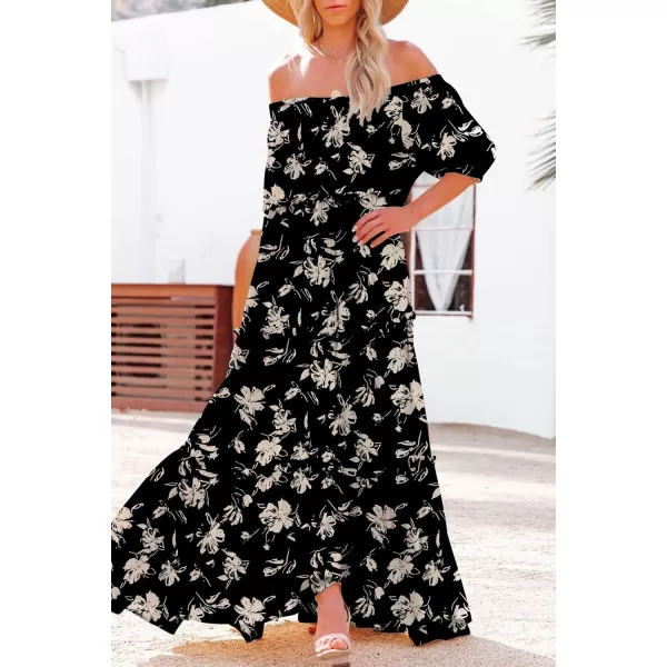 YESNO Womens Summer Casual Off Shoulder Maxi Dress Puff Short Sleeve Bohemian Floral Long Swing Dress E06E06 as Picture346