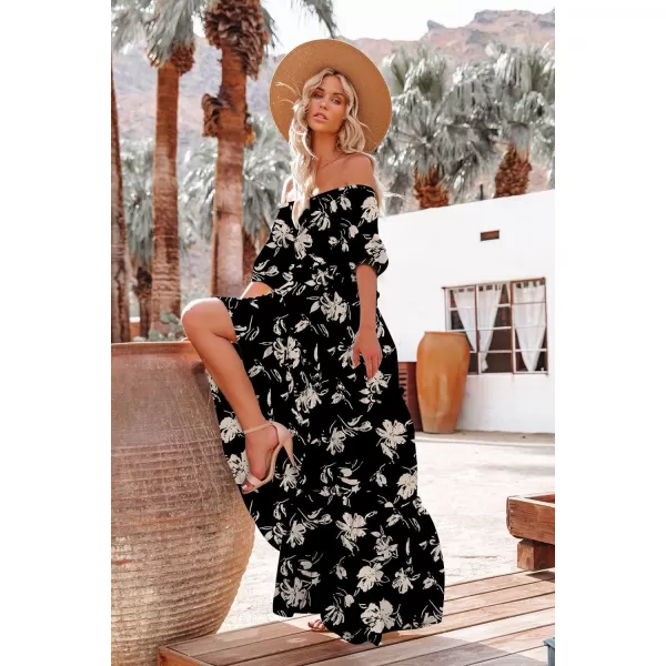 YESNO Womens Summer Casual Off Shoulder Maxi Dress Puff Short Sleeve Bohemian Floral Long Swing Dress E06E06 as Picture346