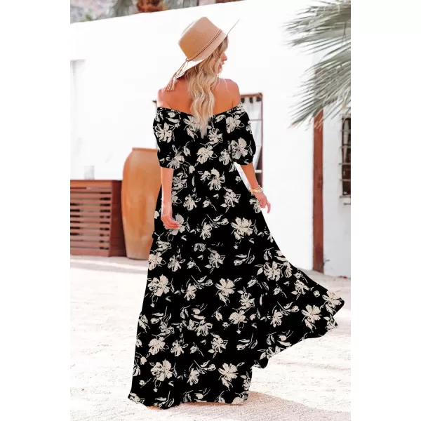 YESNO Womens Summer Casual Off Shoulder Maxi Dress Puff Short Sleeve Bohemian Floral Long Swing Dress E06E06 as Picture346