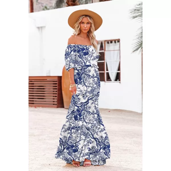 YESNO Womens Summer Casual Off Shoulder Maxi Dress Puff Short Sleeve Bohemian Floral Long Swing Dress E06E06 as Picture348