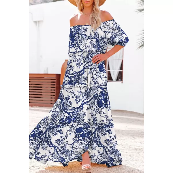 YESNO Womens Summer Casual Off Shoulder Maxi Dress Puff Short Sleeve Bohemian Floral Long Swing Dress E06E06 as Picture348