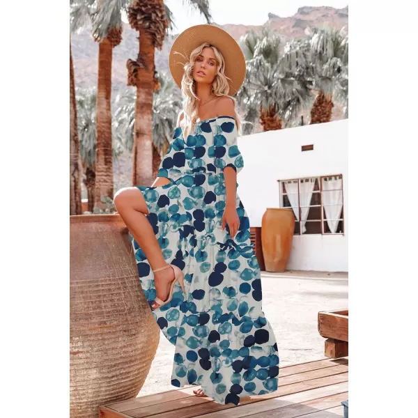 YESNO Womens Summer Casual Off Shoulder Maxi Dress Puff Short Sleeve Bohemian Floral Long Swing Dress E06E06 as Picture74