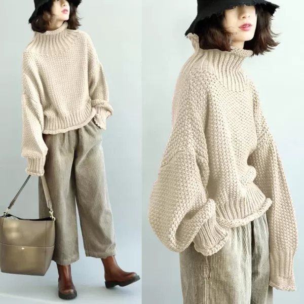 YESNO Womens Turtleneck Pullover Sweater Batwing Sleeve Oversize Chunky Knitted Tops YQBYqb Beige