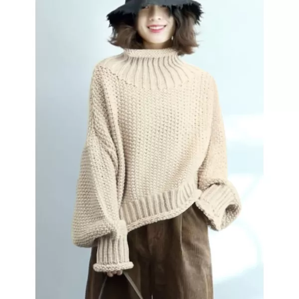 YESNO Womens Turtleneck Pullover Sweater Batwing Sleeve Oversize Chunky Knitted Tops YQBYqb Beige