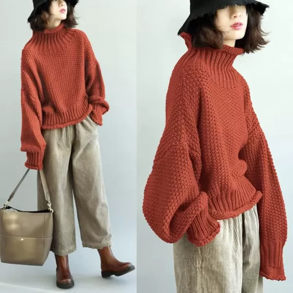 YESNO Womens Turtleneck Pullover Sweater Batwing Sleeve Oversize Chunky Knitted Tops YQBYqb Rust