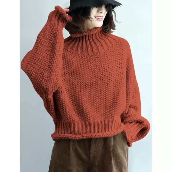 YESNO Womens Turtleneck Pullover Sweater Batwing Sleeve Oversize Chunky Knitted Tops YQBYqb Rust