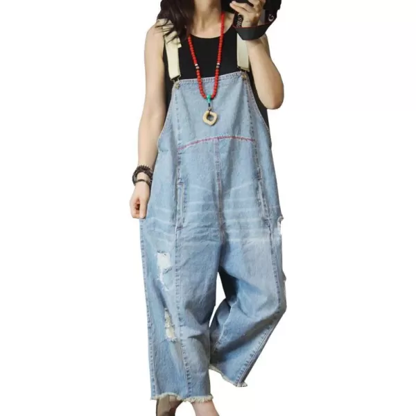 YESNO P60 Women Jeans Cropped Pants Overalls Jumpsuits Hand Painted Poled Distressed Casual Loose FitP49 Light Blue Jumpsuits