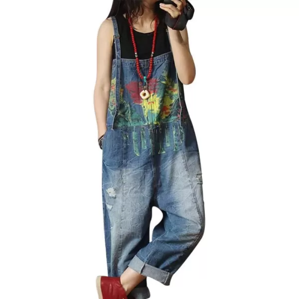 YESNO P60 Women Jeans Cropped Pants Overalls Jumpsuits Hand Painted Poled Distressed Casual Loose FitP60 Denim Blue Jumpsuits