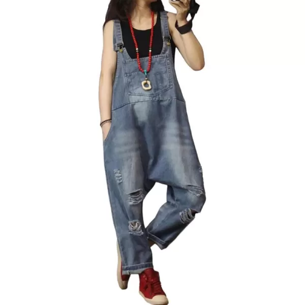 YESNO P60 Women Jeans Cropped Pants Overalls Jumpsuits Hand Painted Poled Distressed Casual Loose FitPf2 Dark Blue