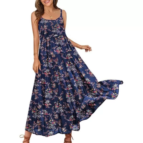 YESNO Summer Dresses for Women Casual Loose Bohemian Floral Dress with Pockets Spaghetti Strap Maxi Dress E75As Picture30navy Blue