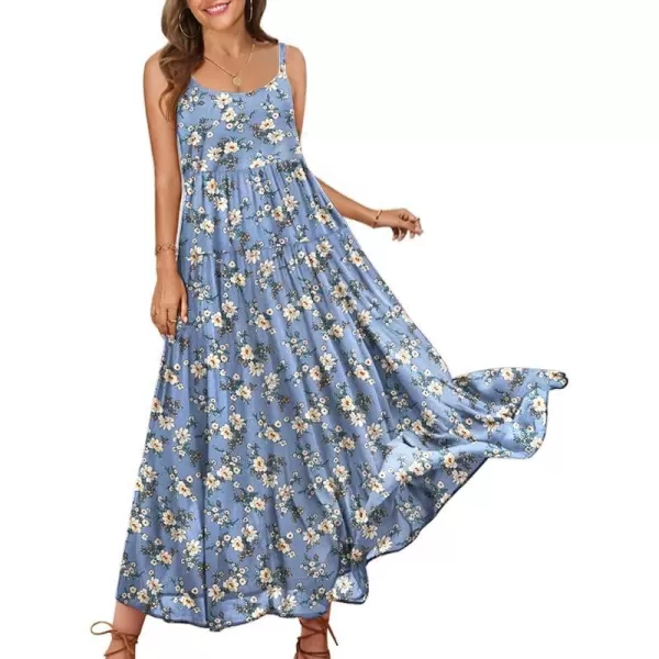 YESNO Summer Dresses for Women Casual Loose Bohemian Floral Dress with Pockets Spaghetti Strap Maxi Dress E75As Picture8light Blue