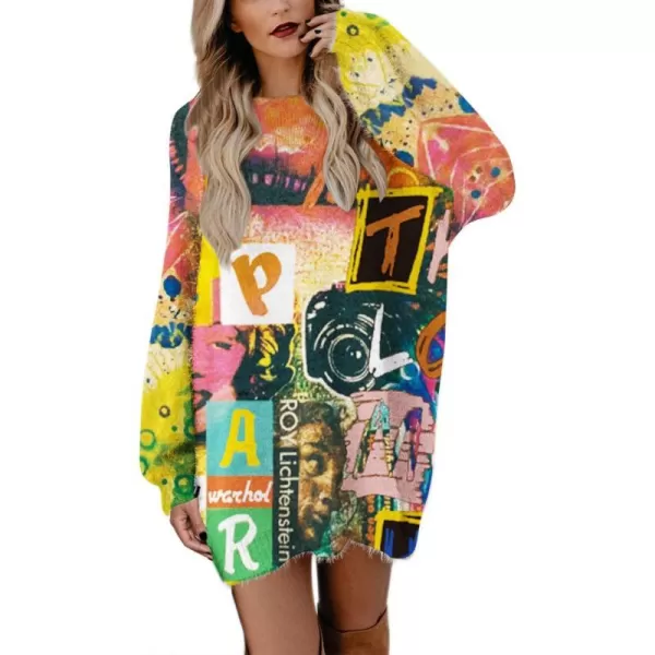 YESNO Sweater Dress for Women Oversized Graphic Lantern Long Sleeve Pullover Sweater Tops S08S08 Cr102