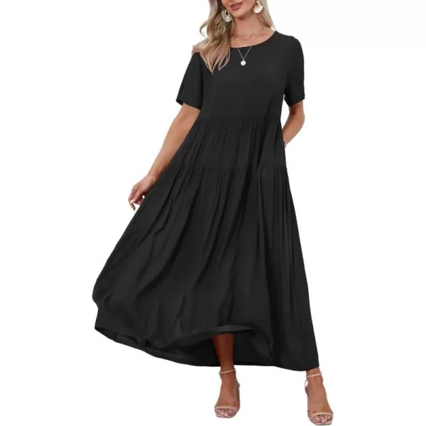 YESNO Women Casual Loose Bohemian Floral Dresses with Pockets Short Sleeve Summer Beach Swing Dress1 Black