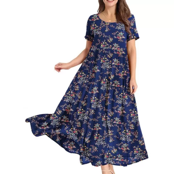 YESNO Women Casual Loose Bohemian Floral Dresses with Pockets Short Sleeve Summer Beach Swing DressBlue