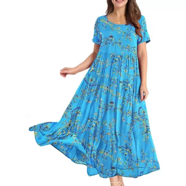 YESNO Women Casual Loose Bohemian Floral Dresses with Pockets Short Sleeve Summer Beach Swing DressBlueYellow