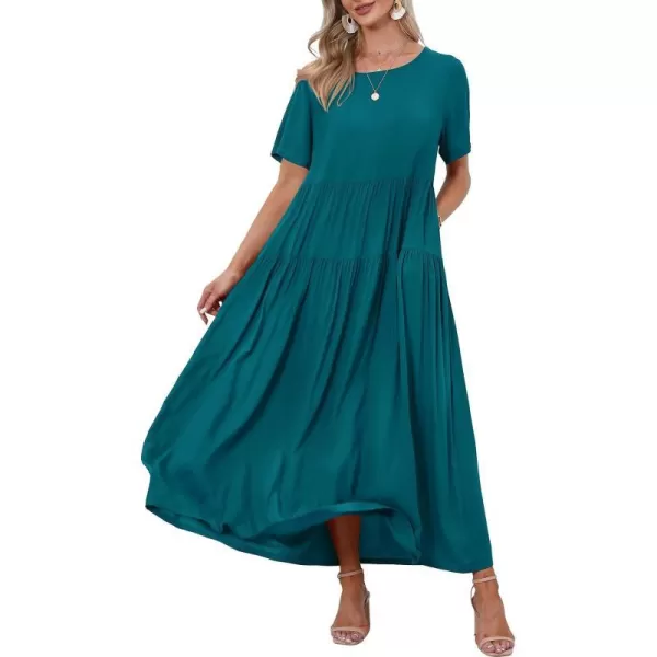 YESNO Women Casual Loose Bohemian Floral Dresses with Pockets Short Sleeve Summer Beach Swing DressDark Cyan