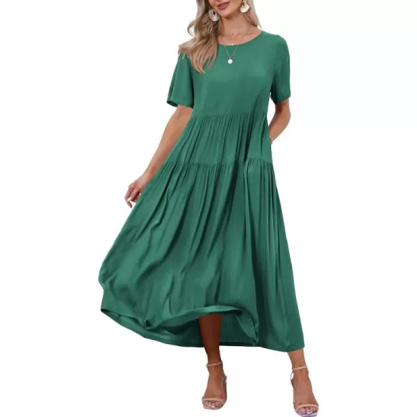 YESNO Women Casual Loose Bohemian Floral Dresses with Pockets Short Sleeve Summer Beach Swing DressDark Green