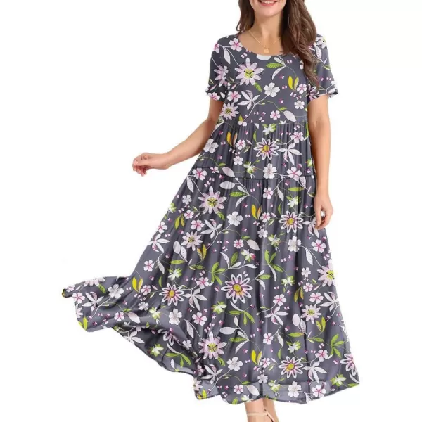 YESNO Women Casual Loose Bohemian Floral Dresses with Pockets Short Sleeve Summer Beach Swing DressFloral 401