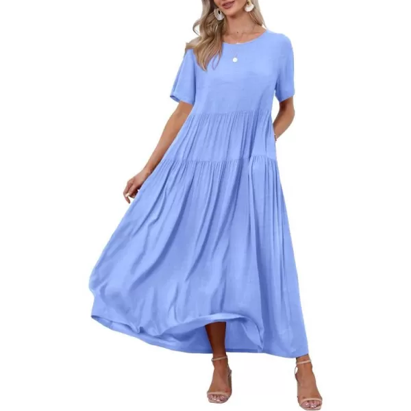 YESNO Women Casual Loose Bohemian Floral Dresses with Pockets Short Sleeve Summer Beach Swing DressLight Blue