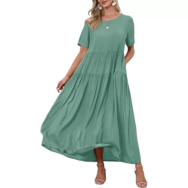 YESNO Women Casual Loose Bohemian Floral Dresses with Pockets Short Sleeve Summer Beach Swing DressPea Green