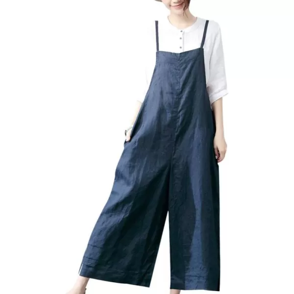 YESNO Women Casual Loose Long Bib Pants Wide Leg Jumpsuits Baggy Cotton Rompers Overalls with Pockets PZZAnavy Bluesplit Wide Leg