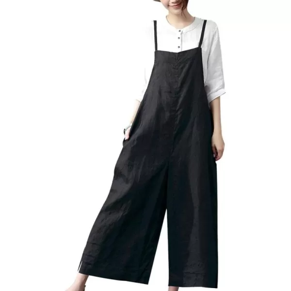 YESNO Women Casual Loose Long Bib Pants Wide Leg Jumpsuits Baggy Cotton Rompers Overalls with Pockets PZZBlack