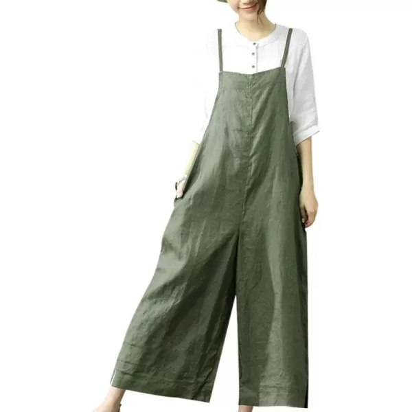 YESNO Women Casual Loose Long Bib Pants Wide Leg Jumpsuits Baggy Cotton Rompers Overalls with Pockets PZZDark Army Green