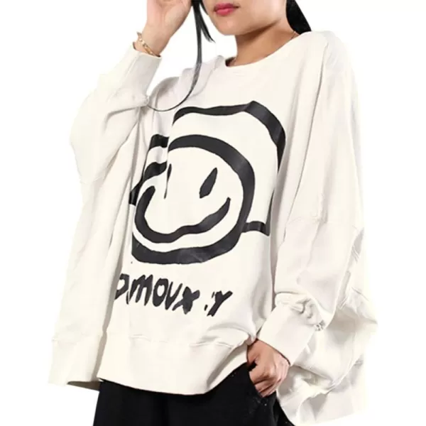 YESNO Women Casual Oversized Sweatshirts Bat Wing Long Sleeve Crewneck Pullover Tops Cute Smiley Printed WN6Wn6 White