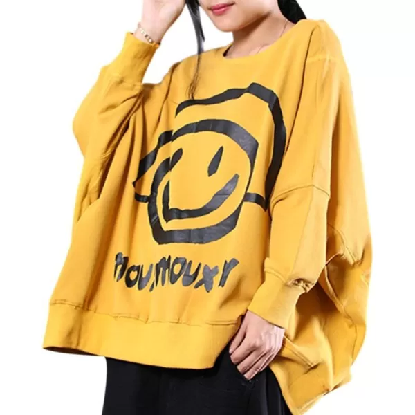 YESNO Women Casual Oversized Sweatshirts Bat Wing Long Sleeve Crewneck Pullover Tops Cute Smiley Printed WN6Wn6 Yellow