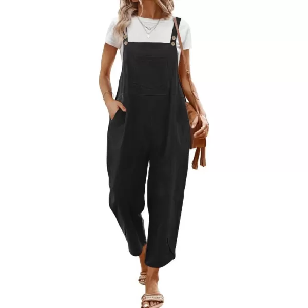 YESNO Women Cotton Overalls Casual Loose Adjustable Straps Bib Pants Tulip Wide Leg Jumpsuits with Pockets PZJBlack