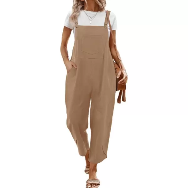 YESNO Women Cotton Overalls Casual Loose Adjustable Straps Bib Pants Tulip Wide Leg Jumpsuits with Pockets PZJCamel