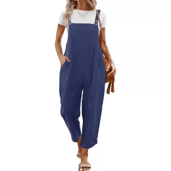 YESNO Women Cotton Overalls Casual Loose Adjustable Straps Bib Pants Tulip Wide Leg Jumpsuits with Pockets PZJNavy Blue