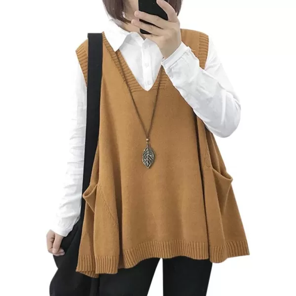 YESNO Women Loose Swing Chunky Cotton Cute Sweater Vests Oversized Cable Knit Pullover Sweaters with Pockets WM9Wm9 Camel