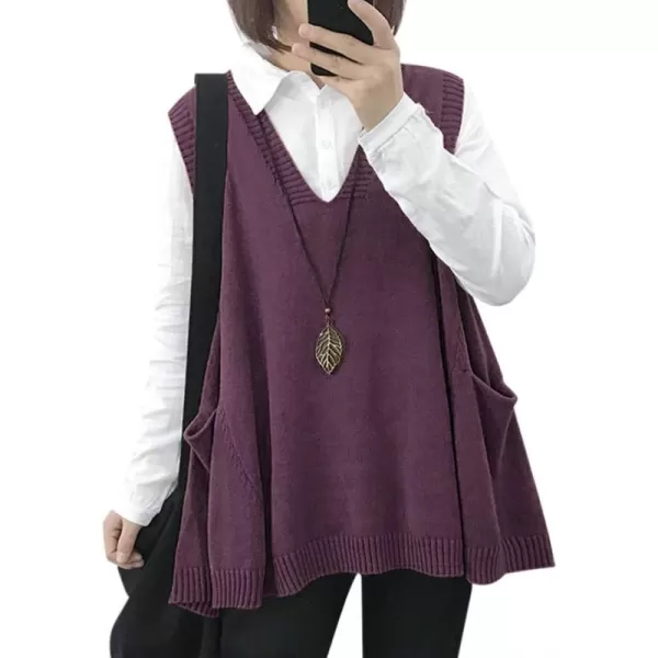 YESNO Women Loose Swing Chunky Cotton Cute Sweater Vests Oversized Cable Knit Pullover Sweaters with Pockets WM9Wm9 Purple