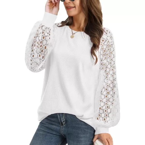 YESNO Women Trendy Blouses Casual Loose Knit Tops Pullover HollowOut Lace Long Sleeve Shirts TY31ty3 White