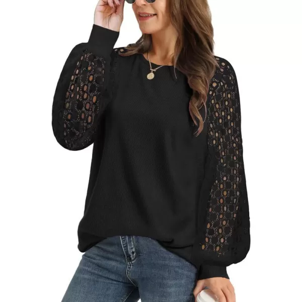 YESNO Women Trendy Blouses Casual Loose Knit Tops Pullover HollowOut Lace Long Sleeve Shirts TY3Ty3 Black