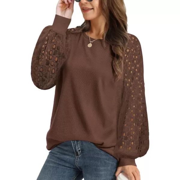 YESNO Women Trendy Blouses Casual Loose Knit Tops Pullover HollowOut Lace Long Sleeve Shirts TY3Ty3 Coffee