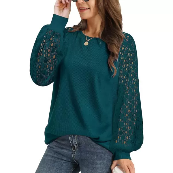 YESNO Women Trendy Blouses Casual Loose Knit Tops Pullover HollowOut Lace Long Sleeve Shirts TY3Ty3 Darkgreen