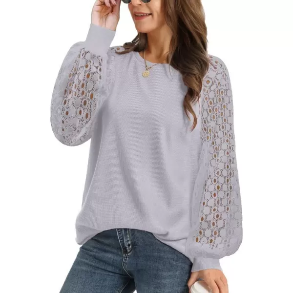 YESNO Women Trendy Blouses Casual Loose Knit Tops Pullover HollowOut Lace Long Sleeve Shirts TY3Ty3 Gray