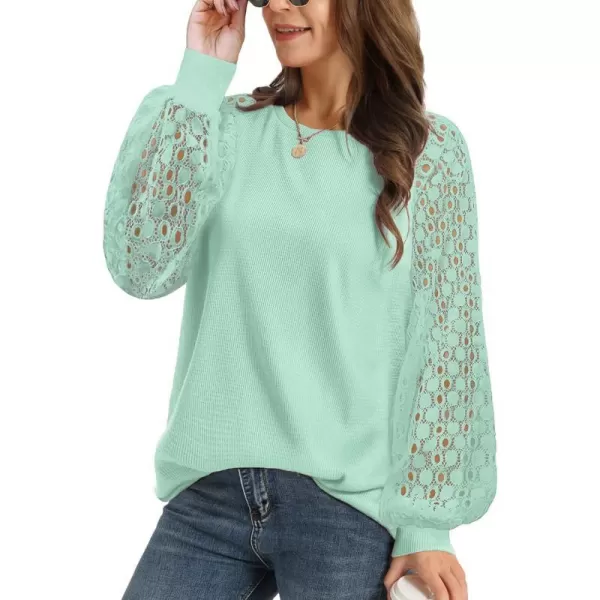 YESNO Women Trendy Blouses Casual Loose Knit Tops Pullover HollowOut Lace Long Sleeve Shirts TY3Ty3 Green